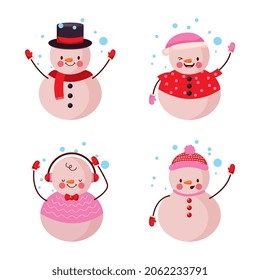 conjunto de muñecos de nieve con copos de nieve aislados .vector ilustración