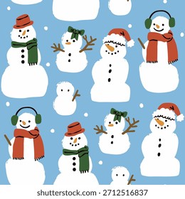 Snowman Set. Various snow creatures, different sizes, clothes. Festive characters. Winter, Christmas, new year, cozy weather concept. Hand drawn trendy Vector illustration. Square seamless Pattern
