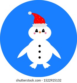 snowman in the shape of a penguin with an orange beak and in a santa hat. concept of the cold season and winter holidays
