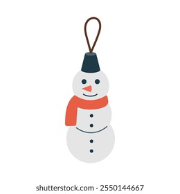 Snowman shaped Christmas tree toy. Snowman Christmas toy with red scarf. Christmas decor. Hand drawn Vector illustration. Flat design. Cartoon style