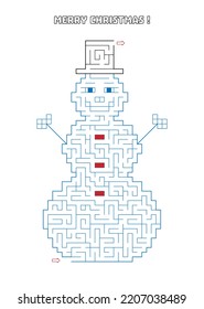 Snowman shaped labyrinth with entry and One exit. Kids Merry Christmas activity page. Line maze game. Medium complexity. Holiday Kids maze puzzle, vector illustration