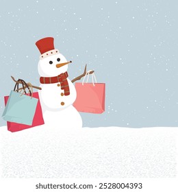 Snowman with shopping bags in Christmas eve at minimalist snowscape graphic illustration have blank space. Merry Christmas greeting card square template.