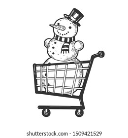 Snowman in shopping cart sketch engraving vector illustration. Black friday design. Scratch board style imitation. Black and white hand drawn image.