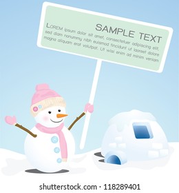 Snowman showing blank sign, vector