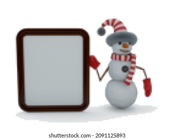 Snowman shows blank board. Vector colorful illustration. Pixel art.