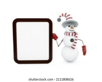 snowman shows blank board. Vector colorful illustration. Halftone style.