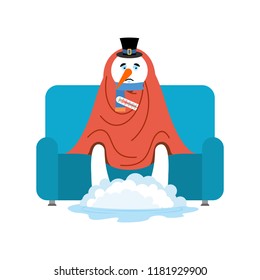 Snowman sick sitting in armchair wrapped in blanket. Cyborg illness sneezing. Unhappy having flu sitting on sofa. vector illustration