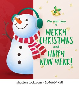 Snowman with signboard wishing Merry Christmas. Christmas and new year holiday greeting card. Vector illustration