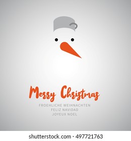 Snowman simple flat abstract symbol, Christmas card, Carrot nose, black eyes and hat from kitchen pot, vector symbol illustration