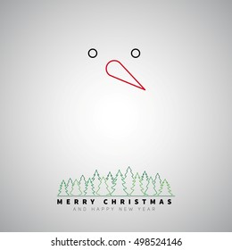 Snowman simple flat abstract symbol, Christmas card, Carrot nose, black eyes and forrest, vector symbol illustration