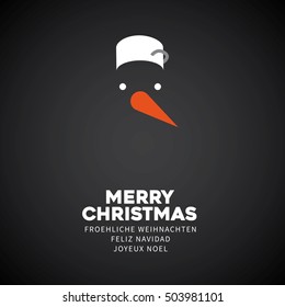 Snowman simple flat abstract symbol, Christmas card, Carrot nose, black eyes and hat from kitchen pot, vector symbol illustration