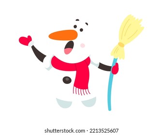 Snowman sing with broom flat icon