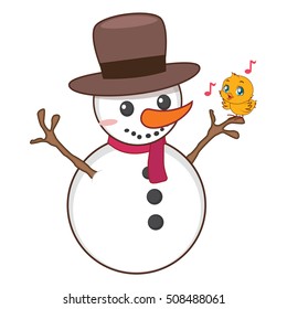 Snowman and singing bird illustration