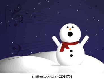 A snowman singing with blank musical staff in background.