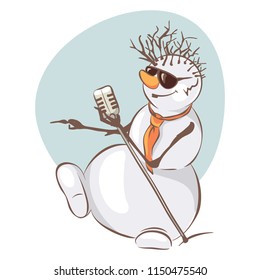 Snowman sings a holiday song / Funny christmas illustration with snowman singer