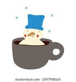 Snowman sitting in a coffee cup. Christmas concept. Hand drawn flat design. Illustration on white background.