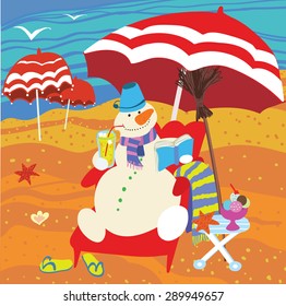 Snowman sitting on the beach under an umbrella and drink cocktail