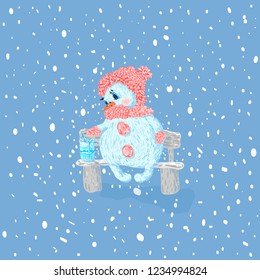 Snowman is sitting on the bench. Against the backdrop of snowfall