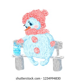 Snowman is sitting on the bench. Without background.