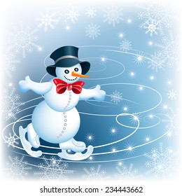 Snowman skates in cylinder hat and red bow 