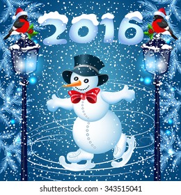 Snowman skates in cylinder hat and streetlamp with bullfinch