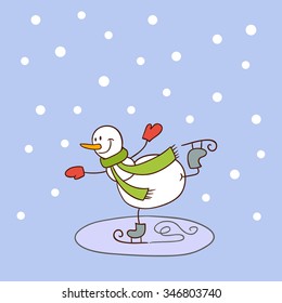 Snowman skates, Doodle illustration. Template Christmas cards