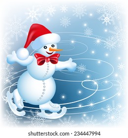 Snowman skates in Santa Claus hat and red bow 