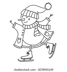 Dibujo a mano del doodle de patinaje sobre nieve aislado en blanco. Borde negro. Excelente para Año Nuevo y diseño navideño y libros de colorantes.