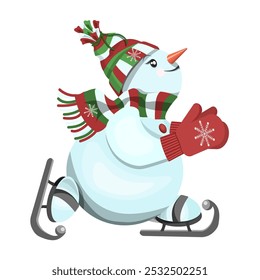 A snowman is skating, isolated on a white background.Vector illustration for Christmas designs,textiles,and Winter Olympic Games designs.