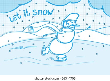 Snowman skating on lake in winter