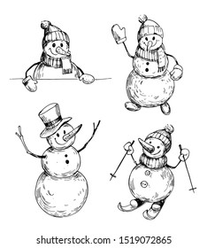 Snowman sketch. Hand drawn illustration converted to vector