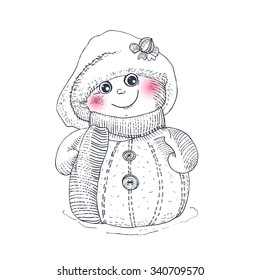 Snowman sketch vector character. Winter holidays illustration. Funny childish traditional symbol for Happy New year. 