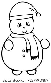 Snowman. Sketch. Vector illustration. Outline on isolated background. Doodle style. Coloring book for children. Fairytale character. Winter fun. Modeling a snowman. Idea for web design.