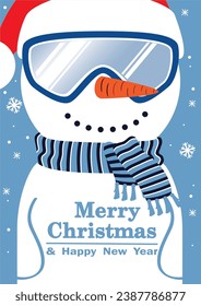 Snowman in ski goggles. Winter sport card. Vector illustration.