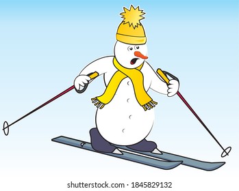 Snowman and ski, humorous vector illustration