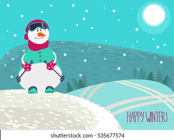 Snowman skiing in crimson hat and scarf. Happy winter! The sun is shining, snow, traces from skiing in the forest. Vector illustration can be used for greeting cards, posters, stickers.