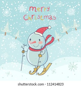 Snowman skiing. Cute cartoon Christmas background
