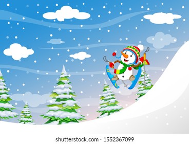 Snowman skiing downhill in high mountains in fresh powder snow