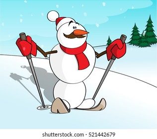 Snowman skiing dressed in red hat, scarf and gloves  