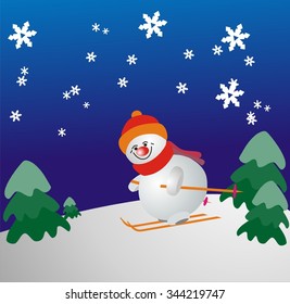 Snowman skiing, figure, vector illustration.