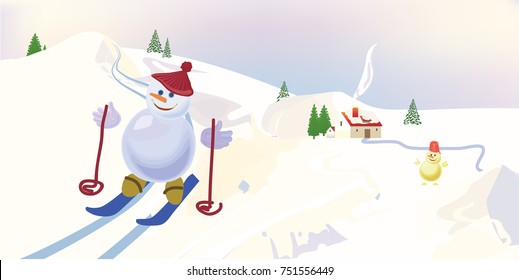 Snowman skiing in a mountain landscape. Christmas's day. Vector illustration. Can use of banner, brochure, greeting card.