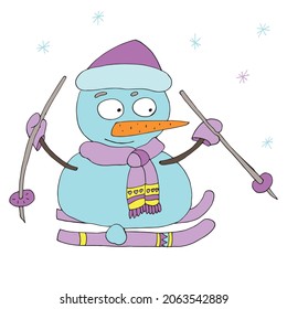 Snowman está esquiando. Carácter vector.Colorear páginas para niños y adultos. Aislado. Caricatura.