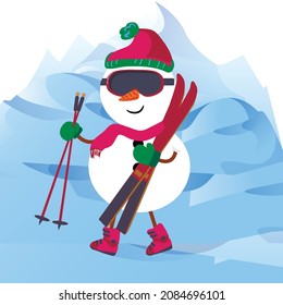 Snowman with skis in a hat and mittens. He goes skiing in the mountains.The snowman has a carrot nose. Isolated. Coloring pages for children and adults. Cartoon.