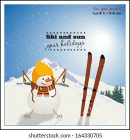 Snowman with skis  on background of winter mountains