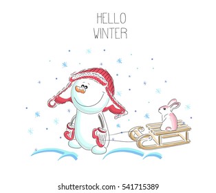 Snowman with sled.
