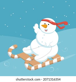 Snowman sledding with a red ribbon on his head.