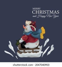 Snowman sledding in winter. Snow. Snowflake. New Year. Christmas. Santa Claus. Happy holiday. A family. Present. Children. Stock Vector illustration. Realistic picture. Postcard for December 31.