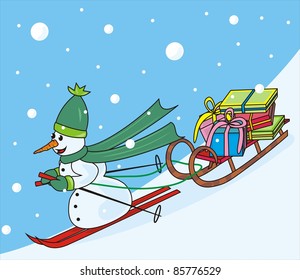 snowman and sledge with gifts, funny postcard for children, vector illustration