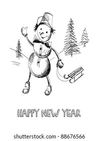  Snowman with a sledge    hand drawn,