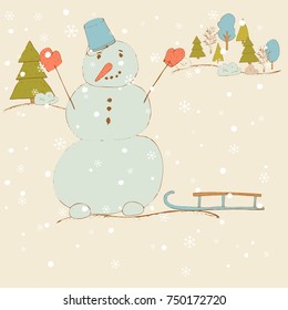 Snowman with sleds. Landscape. Vector hand draw illustration